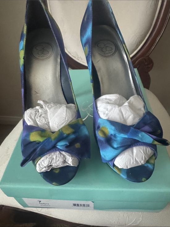 Jessica Simpson Shoes - Jessica Simpson Blue Floral Satin Peep-Toe Heels